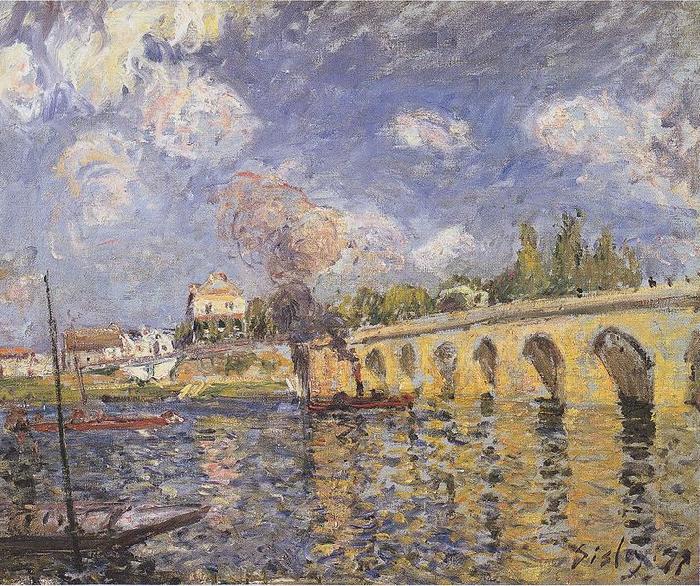 Alfred Sisley River-steamboat and bridge oil painting picture